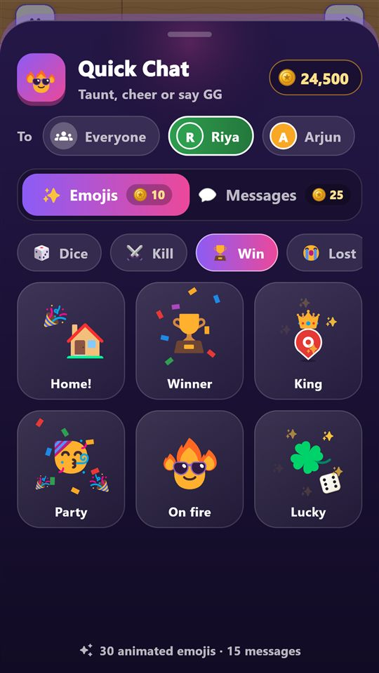 Quick chat with animated emojis in an online Ludo match
